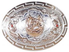 Modestone Metal 2 X Red Stones Belt Buckle Horse Horseshoe 4 3/4'' X 3 1/2''