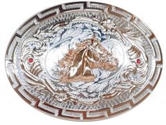 Modestone Metal Alloy 2 X Red Stones Belt Buckle Horse 4 3/4'' X 3 1/2''
