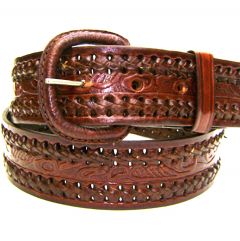 Modestone Men's Double Braid Floral Embossed Leather Belt 1.5'' Width Brown