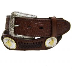 Modestone Men's Embossed Scalloped Metal Conchos Horse Head Braid Leather Belt 1.5'' Width Brown