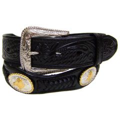 Modestone Men's Embossed Scalloped Metal Conchos Horse Head Braid Leather Belt 1.5'' Width Black