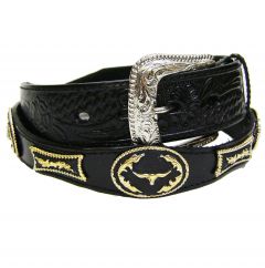 Modestone Men's Embossed Scalloped Metal Conchos Bull Head Longhorn Leather Belt 1.5'' Width Black