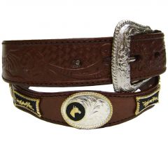 Modestone Men's Embossed Scalloped Metal Conchos Bull Head Longhorn Leather Belt 1.5'' Width Brown