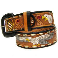 Modestone Men's Hand Painted Embossed Eagle Leather Belt 1.5'' Width Tan