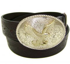 Modestone Men's Silver Color Eagle Buckle Leather Eagle Floral Belt Brown