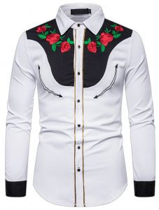 Modestone Men's Embroidered Long Sleeved Fitted Western Shirt Rose White
