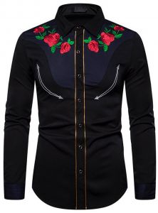 Modestone Men's Embroidered Long Sleeved Fitted Western Shirt Rose Black