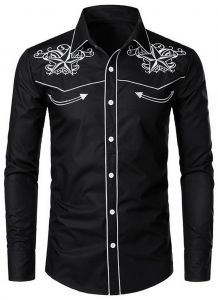 Modestone Men's Embroidered Long Sleeved Fitted Western Shirt Star Black