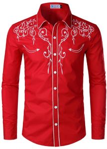 Modestone Men's Embroidered Long Sleeved Fitted Western Shirt Filigree Red