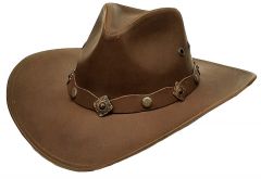 Modestone Unisex Leather Cowboy Hat Wide-brim Metal Conchos Brown