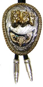 Modestone Bolo Double Horse Head Mother of Pearl Nickel Silver & Silver Bullets