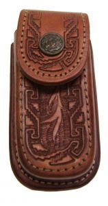 Modestone 3 7/8'' Leather Knife Multi-Tool Sheath Box Hand Tooled Pattern Belt Loop Brown