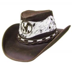 Modestone Men's Leather Cowboy Hat "Hair On" Cowhide Applique Brown