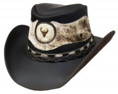 Modestone Unisex Leather Cowboy Hat ''Hair On'' Cowhide Applique Brown
